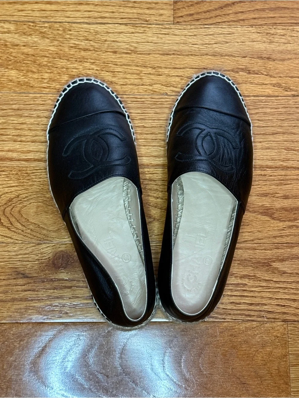 CHANEL Brown Leather Espadrille Flats with Woven Trim